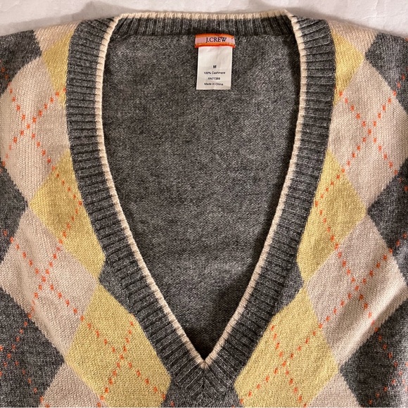J. Crew Cashmere Argyle V-Neck Long Sleeve Sweater Medium Grey/Yellow/White - Picture 4 of 9